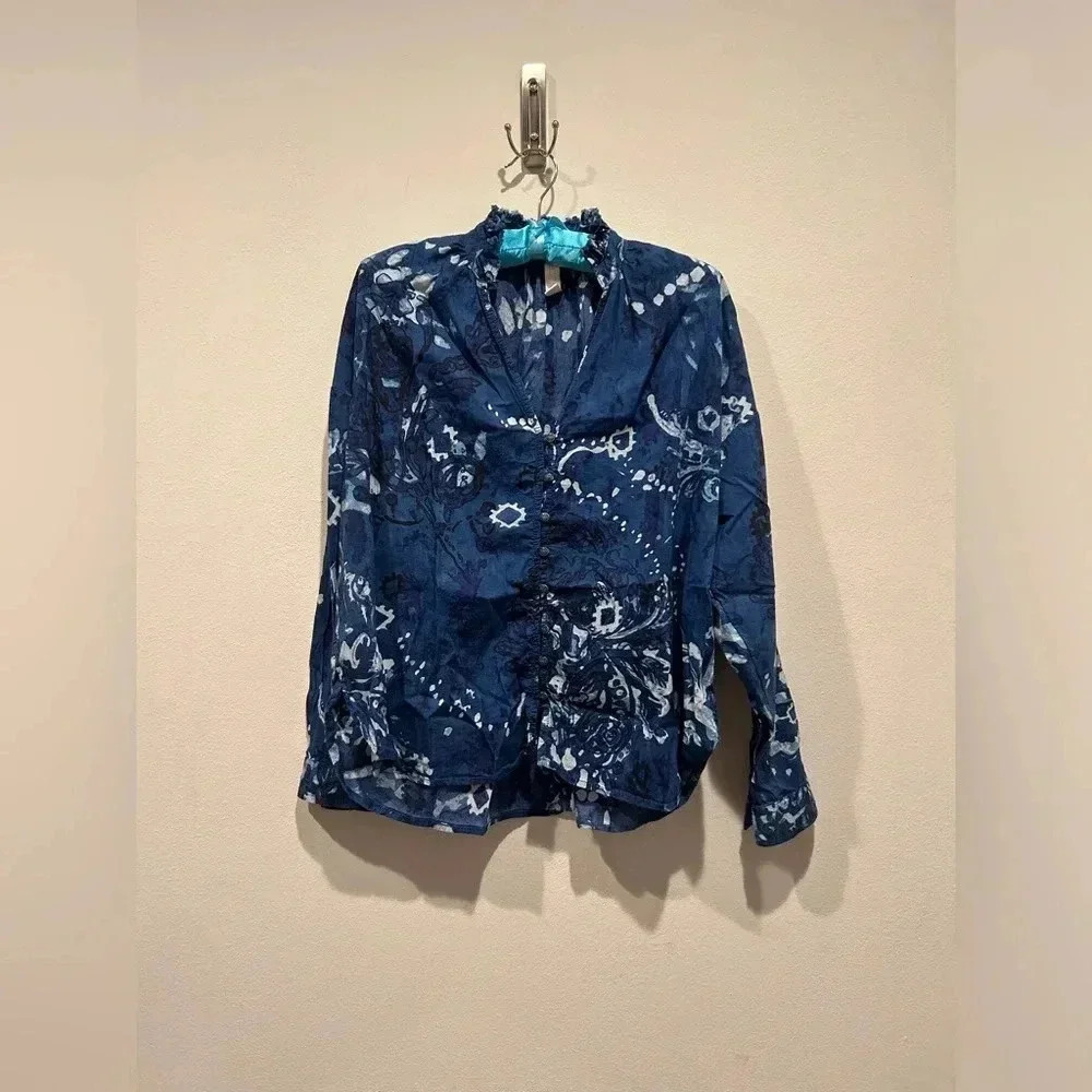 Anthropologie PILCRO Tavi Long Sleeve Blouse Indigo Dyed Blue / Size Small / - Picture 3 of 12